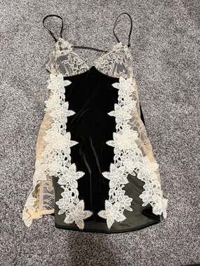 La Senza Black Velvet and Cream Lace Floral Applique Slip Dress